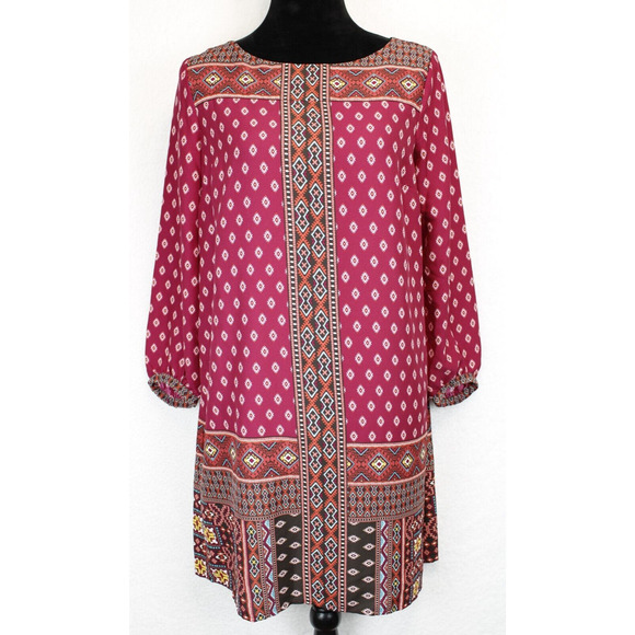 Loft Short Tunic Short Dress Women S Boho Peasant Sleeves Multicolor Burgundy - Picture 1 of 9